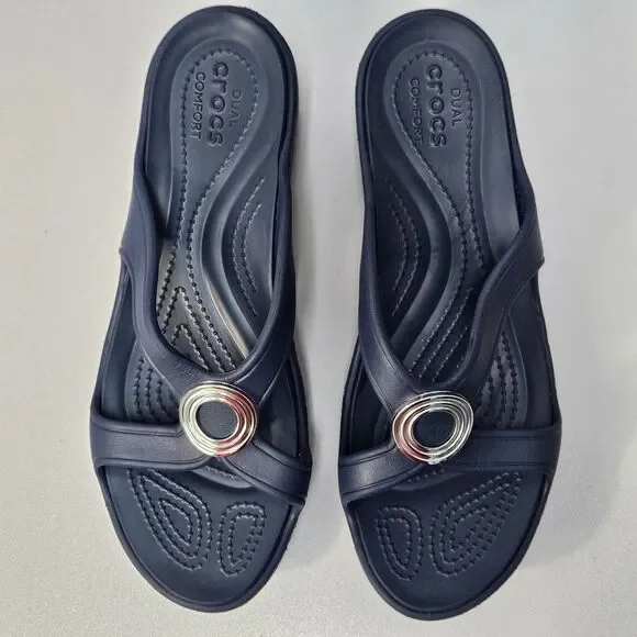 Crocs Sandals Women 9 Sanrah Beveled Circle Wedge Blue Comfort Summer Slides - Picture 5 of 12